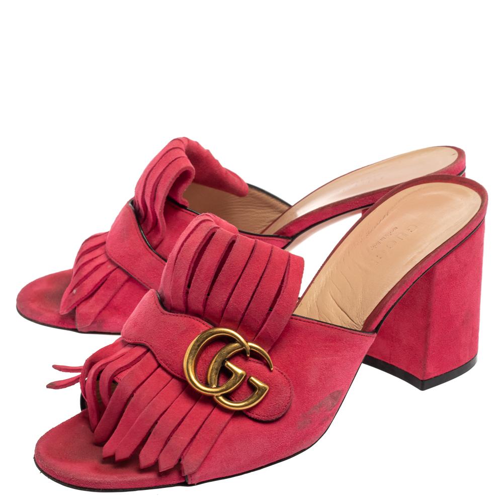 Women's Gucci Pink Suede Leather GG Marmont Fringe Detail Open Toe Sandals Size 40