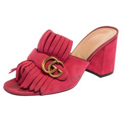 Gucci Pink Suede Leather GG Marmont Fringe Detail Open Toe Sandals Size 40