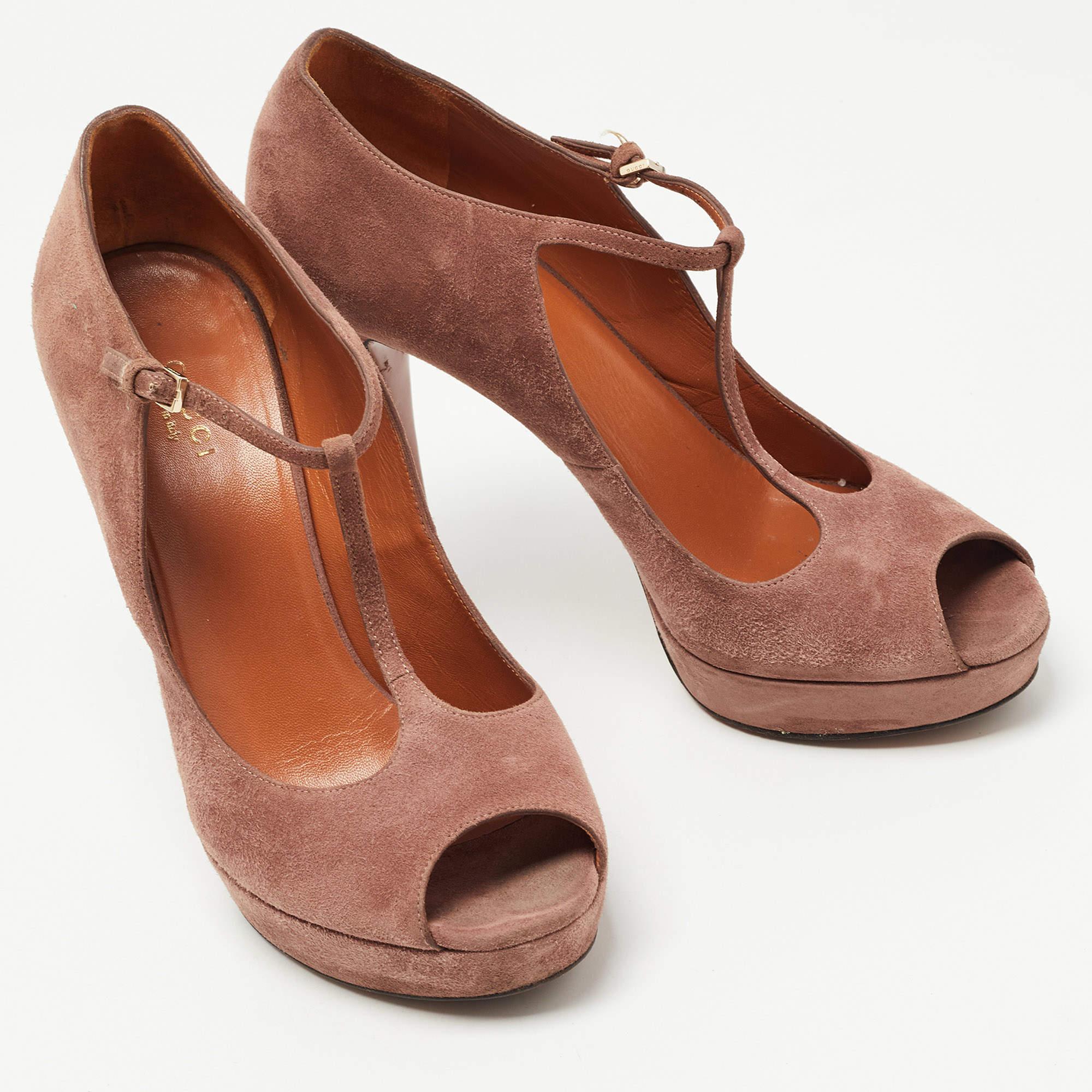 Women's Gucci Pink Suede Peep Toe Platform T-Strap Pumps Size 39 For Sale