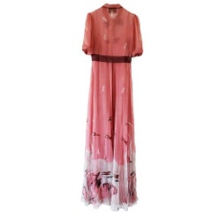 GUCCI Pink Swan Print Silk Gown with Bow Details IT42 US 4-6