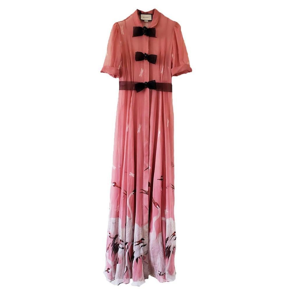 GUCCI Pink Swan Print Silk Gown with Bow Details IT42 US 4-6 For Sale