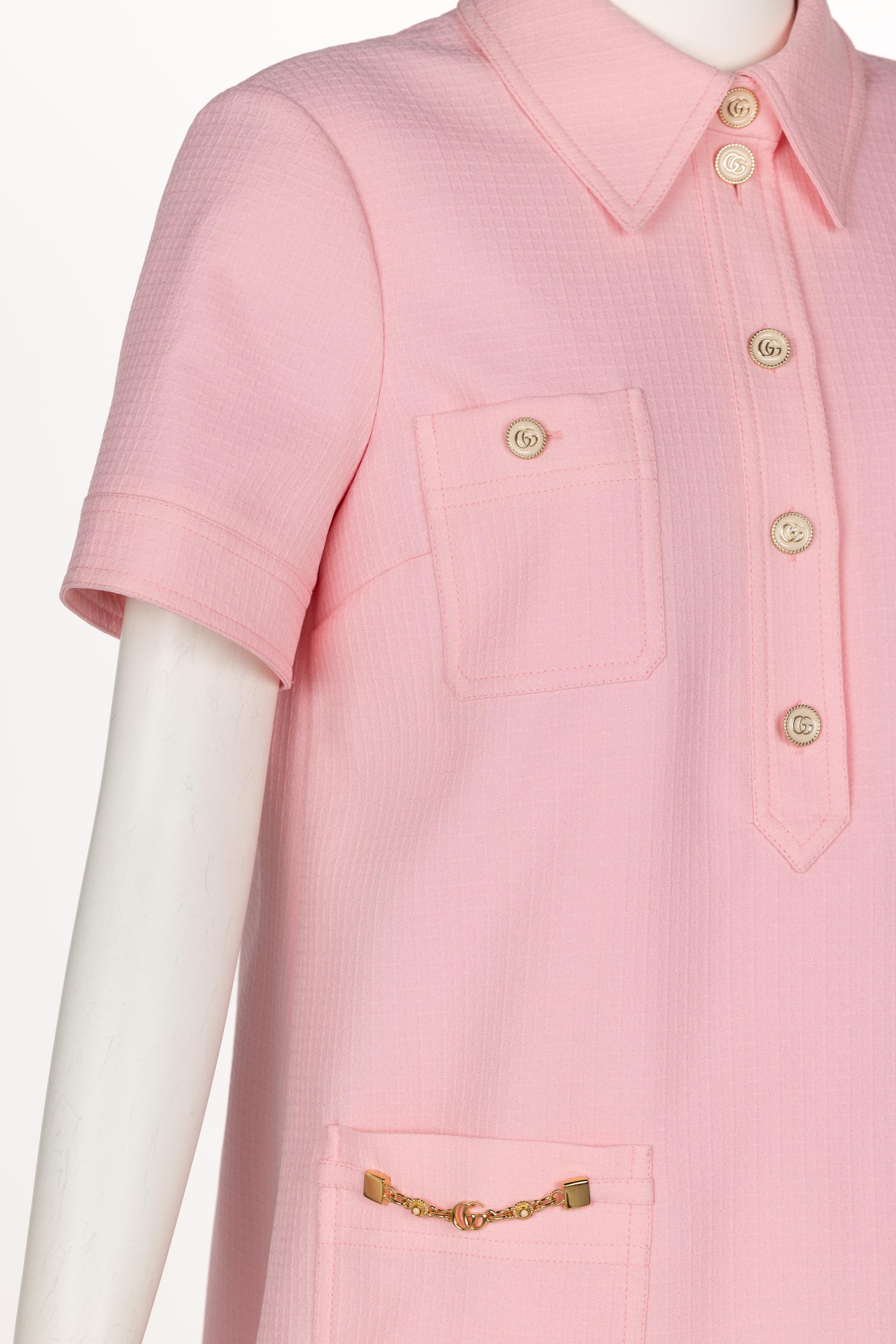 Gucci Pink Textured Chain Trim Mini Polo Dress New w/ Tags For Sale 4