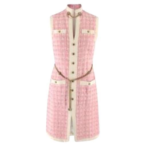 Gucci Pink Tweed Sleeveless Dress with Crystal Tiger Head Chain Belt For Sale
