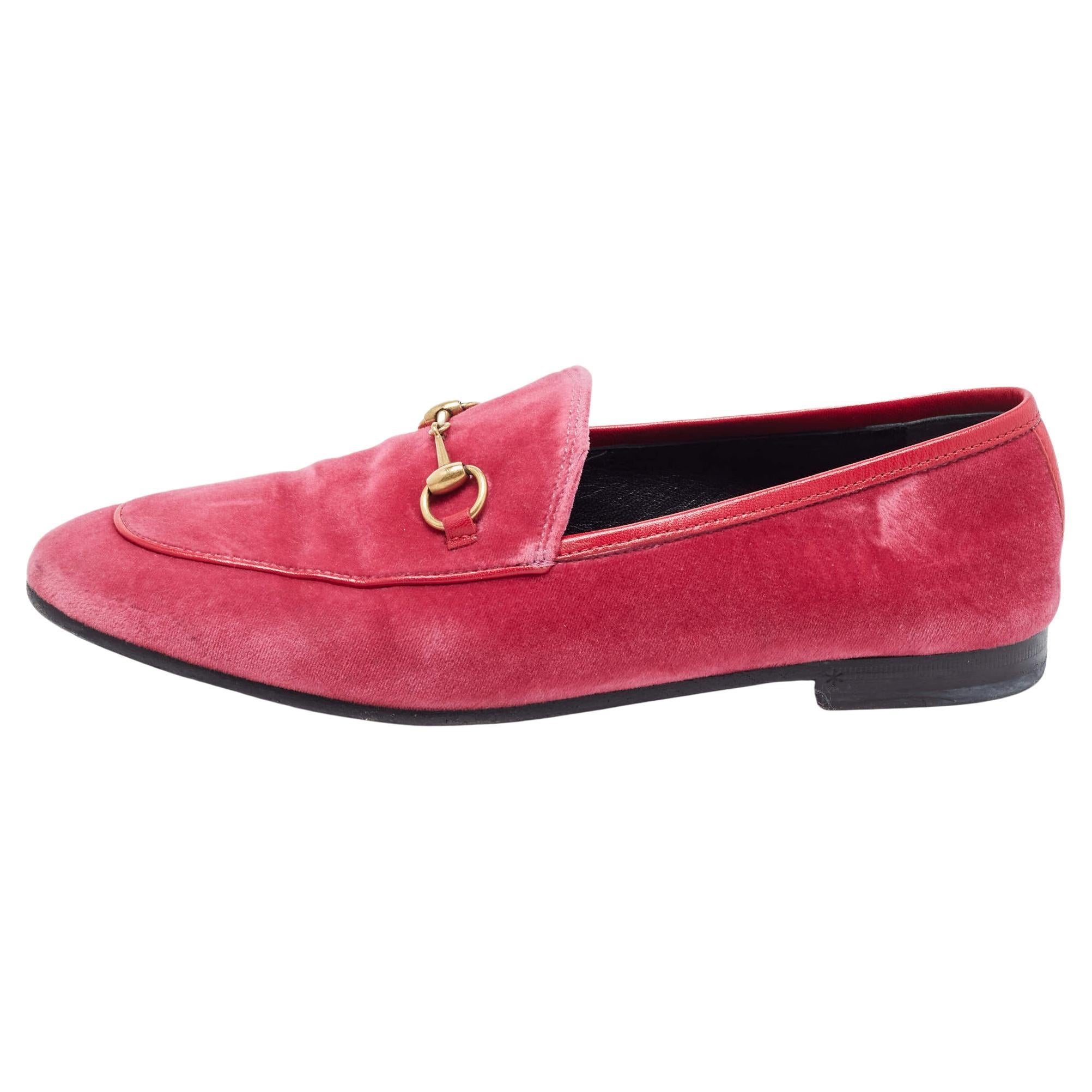 Gucci Pink Velvet Jordaan Horsebit Slip On Loafers Size 39.5