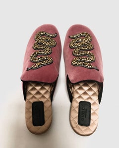 Gucci Pink Velvet with Yellow Crystals Snake Italian Slippers Shoes, 2017