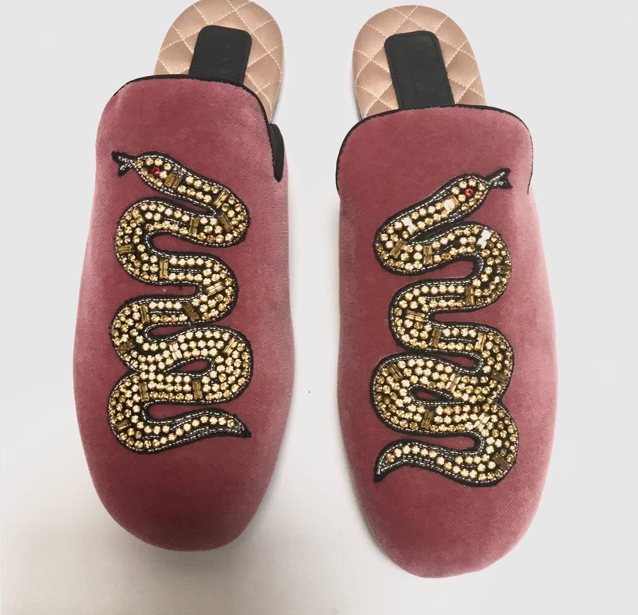 Brown Gucci Pink Velvet with Yellow Crystals Snake Italian Slippers Shoes, 2017  For Sale