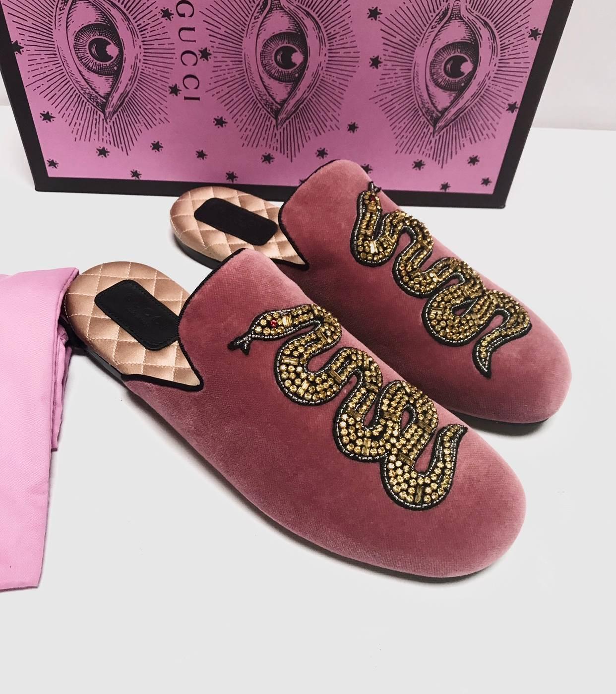 Women's Gucci Pink Velvet with Yellow Crystals Snake Italian Slippers Shoes, 2017  For Sale