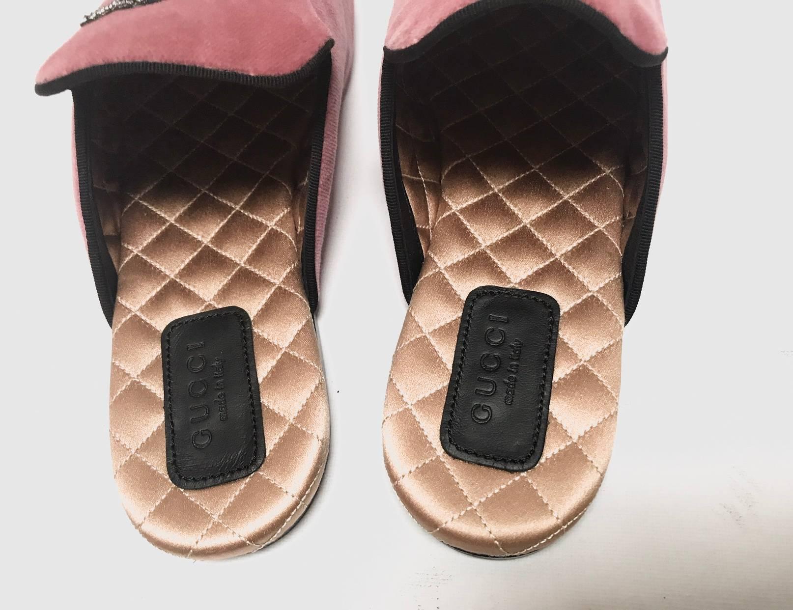 Gucci Pink Velvet with Yellow Crystals Snake Italian Slippers Shoes, 2017  For Sale 1