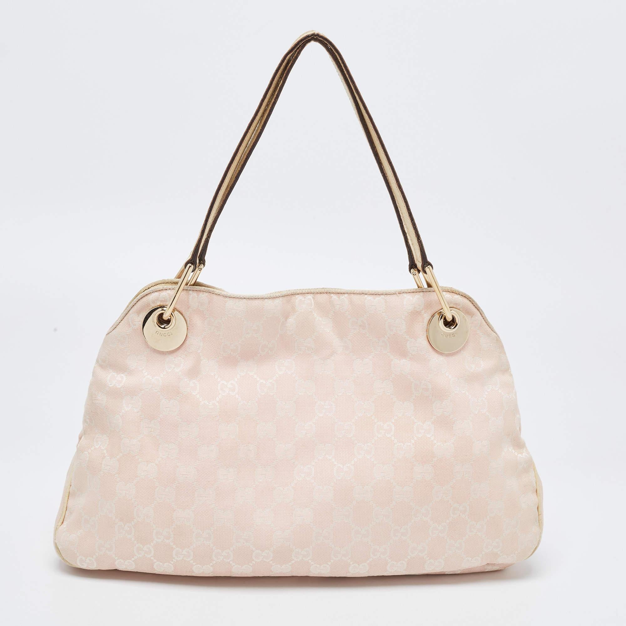 Gucci Pink/White GG Fabric and Leather Eclipse Shoulder Bag In Fair Condition In Dubai, Al Qouz 2