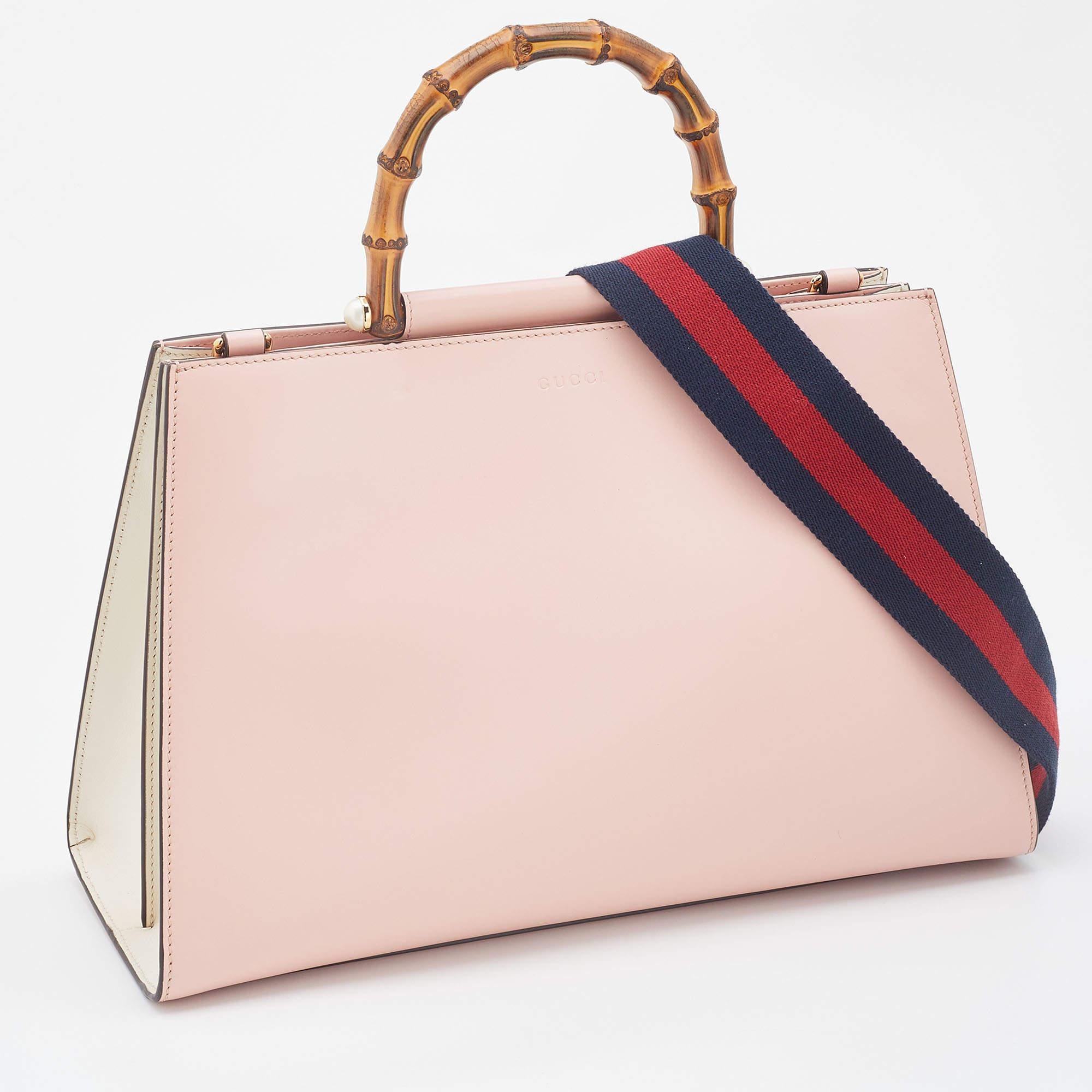 Women's Gucci Pink/White Leather Nymphaea Bamboo Top Handle Bag