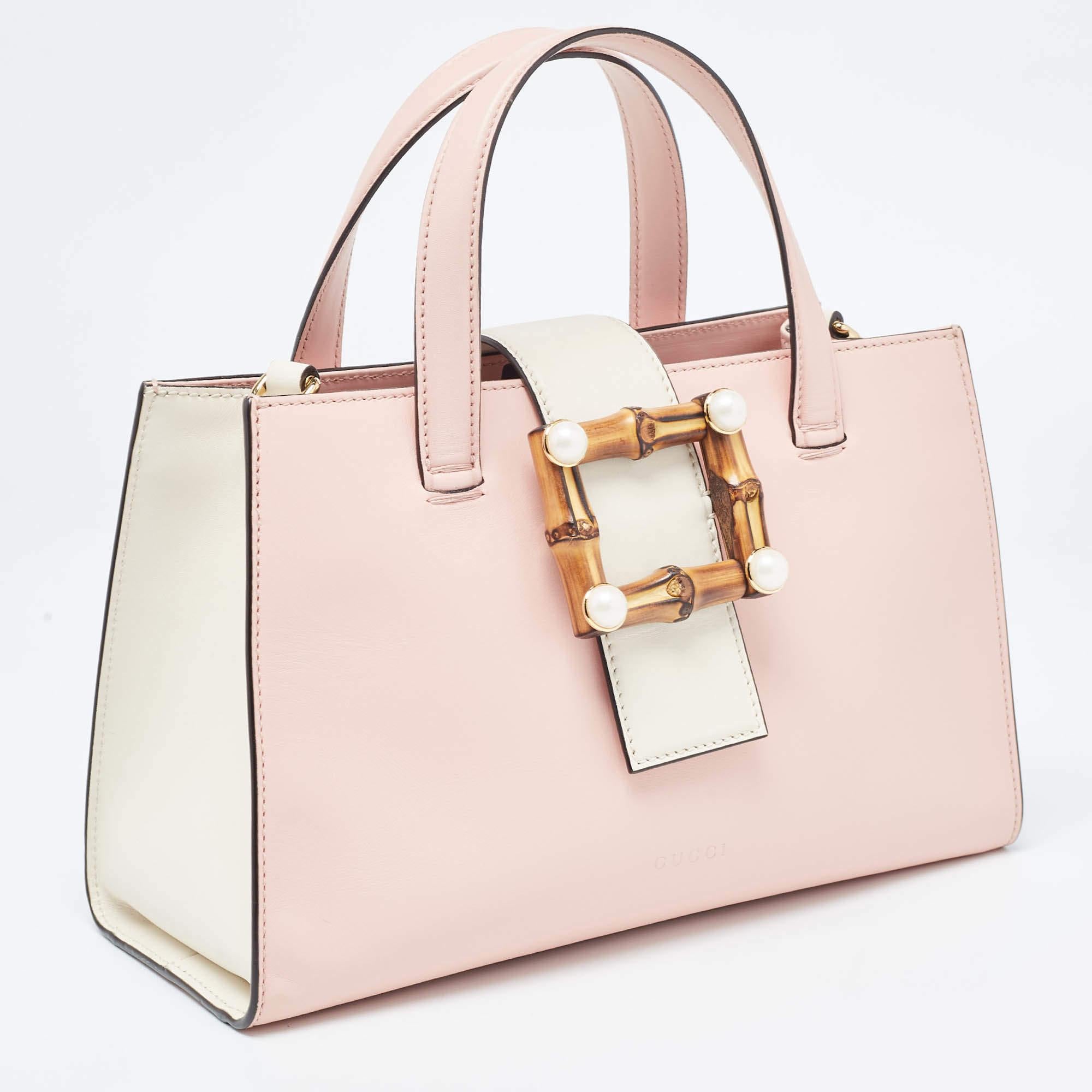 Women's Gucci Pink/White Leather Small Bamboo Buckle Tote For Sale