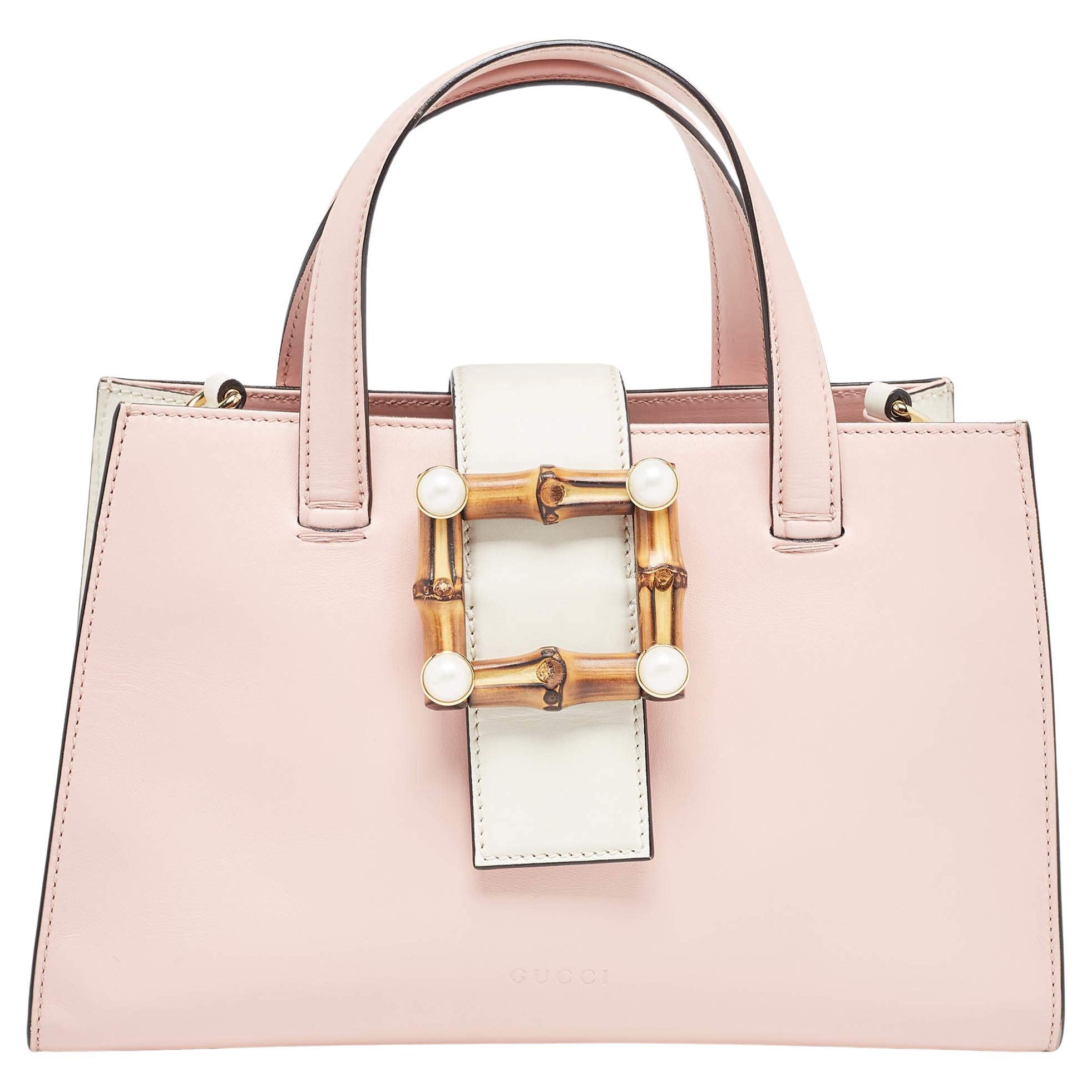 Gucci Pink/White Leather Small Bamboo Buckle Tote For Sale