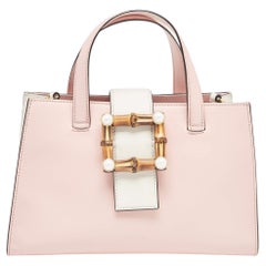 Gucci Pink/White Leather Small Bamboo Buckle Tote