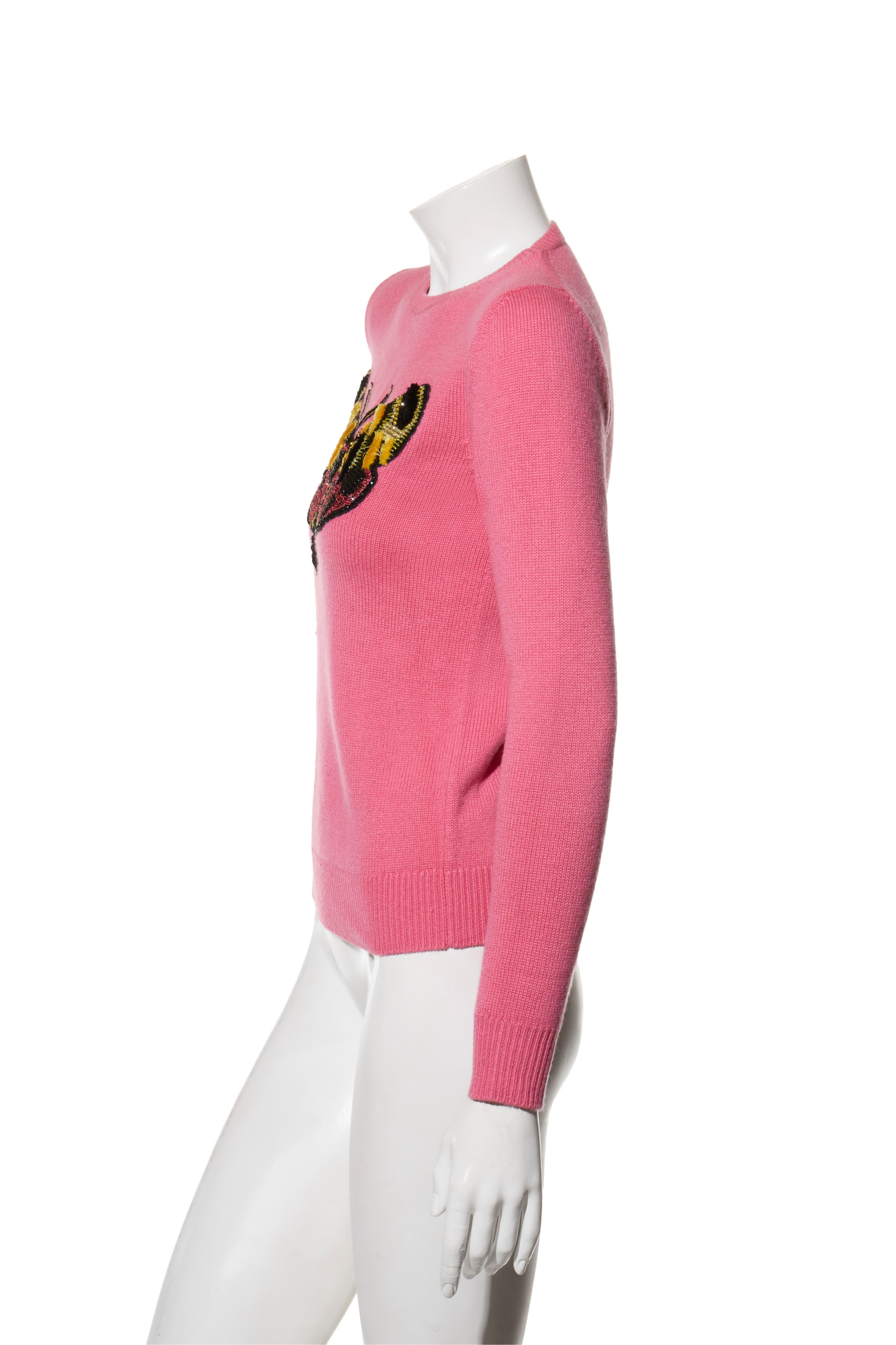Gucci Pink Wool Sweater with Sequin Butterfly Fall Winter 2016 Size S In Good Condition For Sale In Woodland Hills, CA