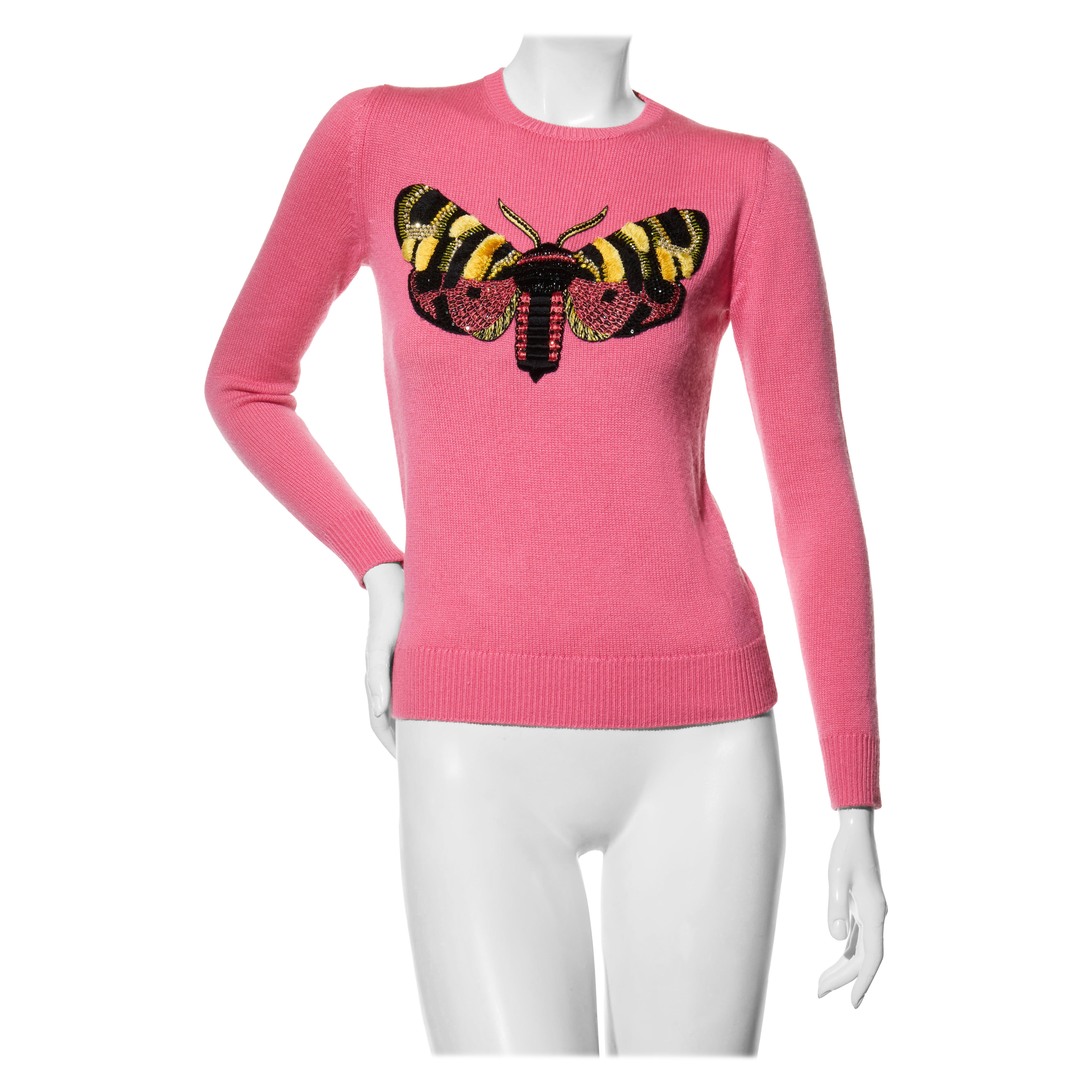 Gucci Pink Wool Sweater with Sequin Butterfly Fall Winter 2016 Size S For Sale