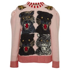 Gucci Pink Wool Tiger Intarsia Embellished Sweater M