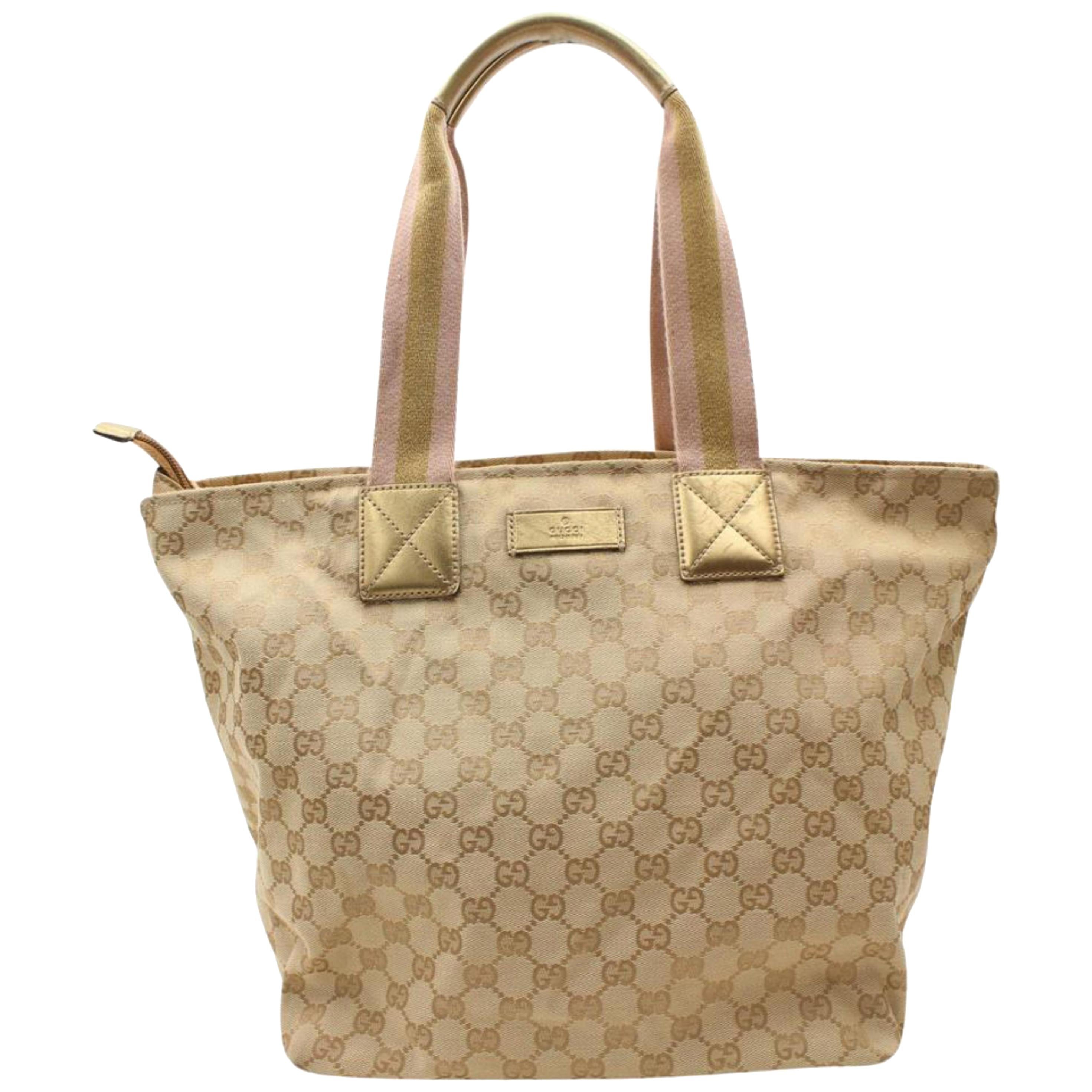 Gucci Pink X Monogram Web Zip 867646 Gold Canvas Tote For Sale