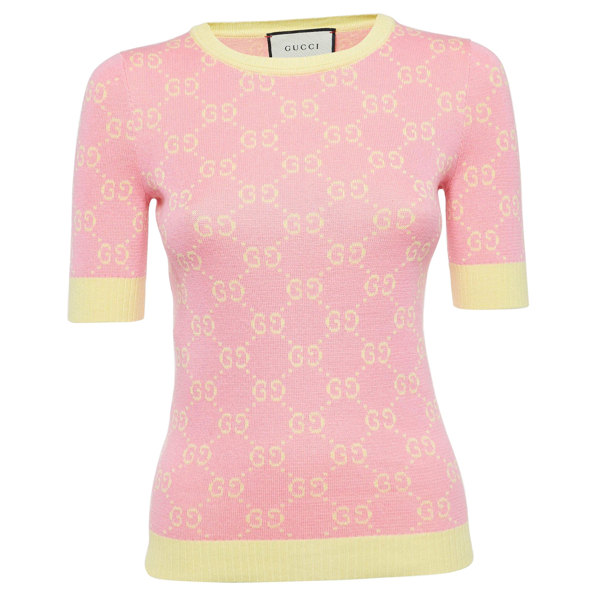 Gucci Pink/Yellow Logo Jacquard Knit Top XXS