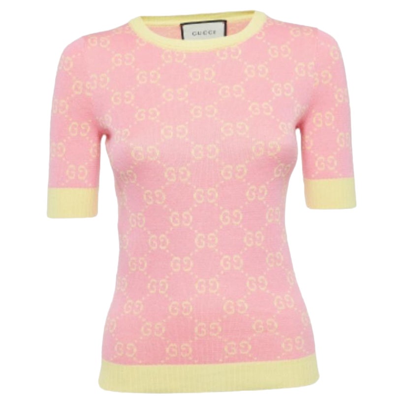 Gucci Rosa/Gelbes Logo-Jacquard-Strickoberteil XXS