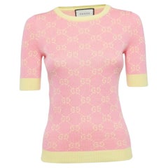 Gucci Rosa/Gelbes Logo-Jacquard-Strickoberteil XXS