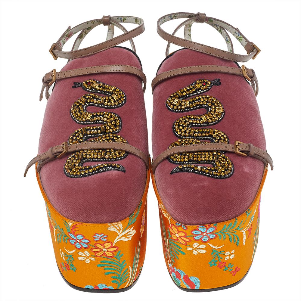 Brown Gucci Pink/Yellow Velvet And Jacquard Embellished Platform Sandals Size 40