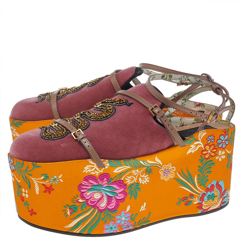 Gucci Pink/Yellow Velvet And Jacquard Embellished Platform Sandals Size 40 1
