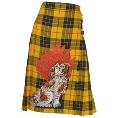 Gucci Plaid Kilt Skirt with Embroidered Dog Motif