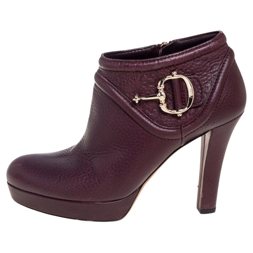 Gucci Plum Leather Hasler Buckle Ankle Booties Size 38 For Sale