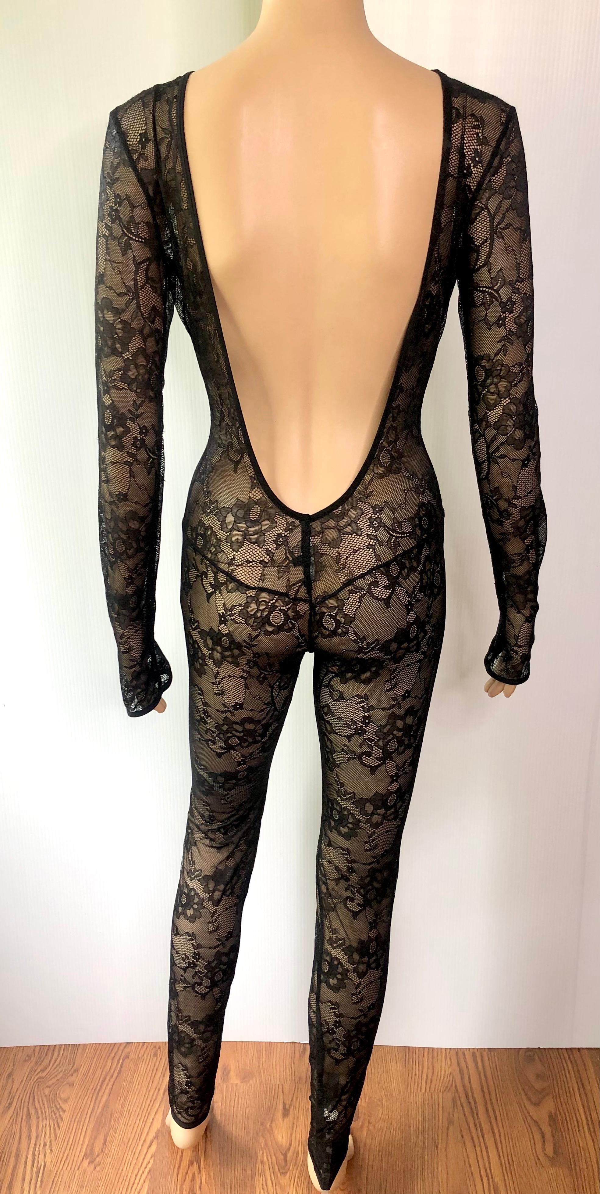Gucci Plunging Neckline Open Back Sheer Lace Bodycon Black Playsuit Jumpsuit 3