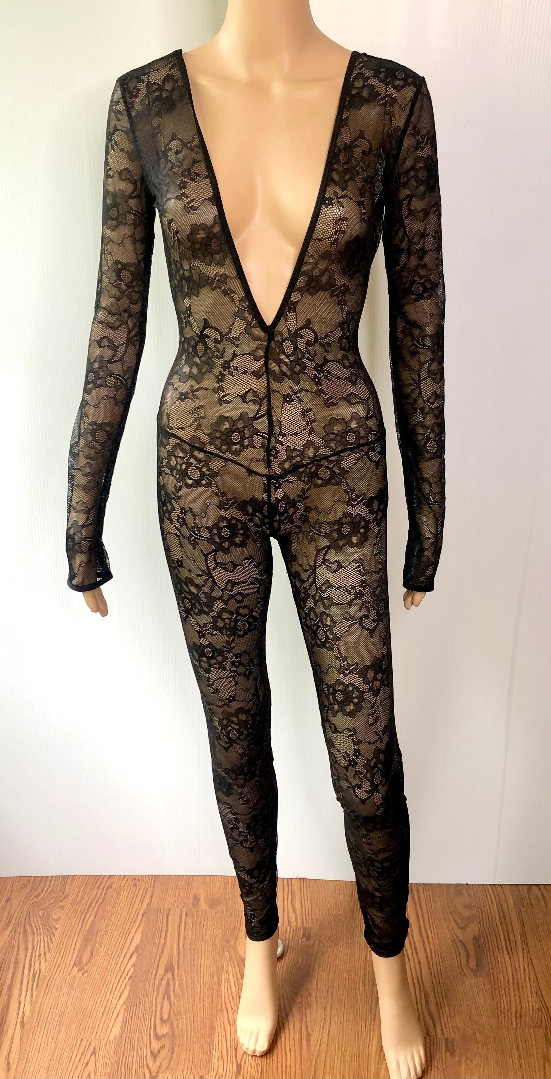 Gucci Plunging Neckline Open Back Sheer Lace Bodycon Black Playsuit Jumpsuit In Excellent Condition In Naples, FL