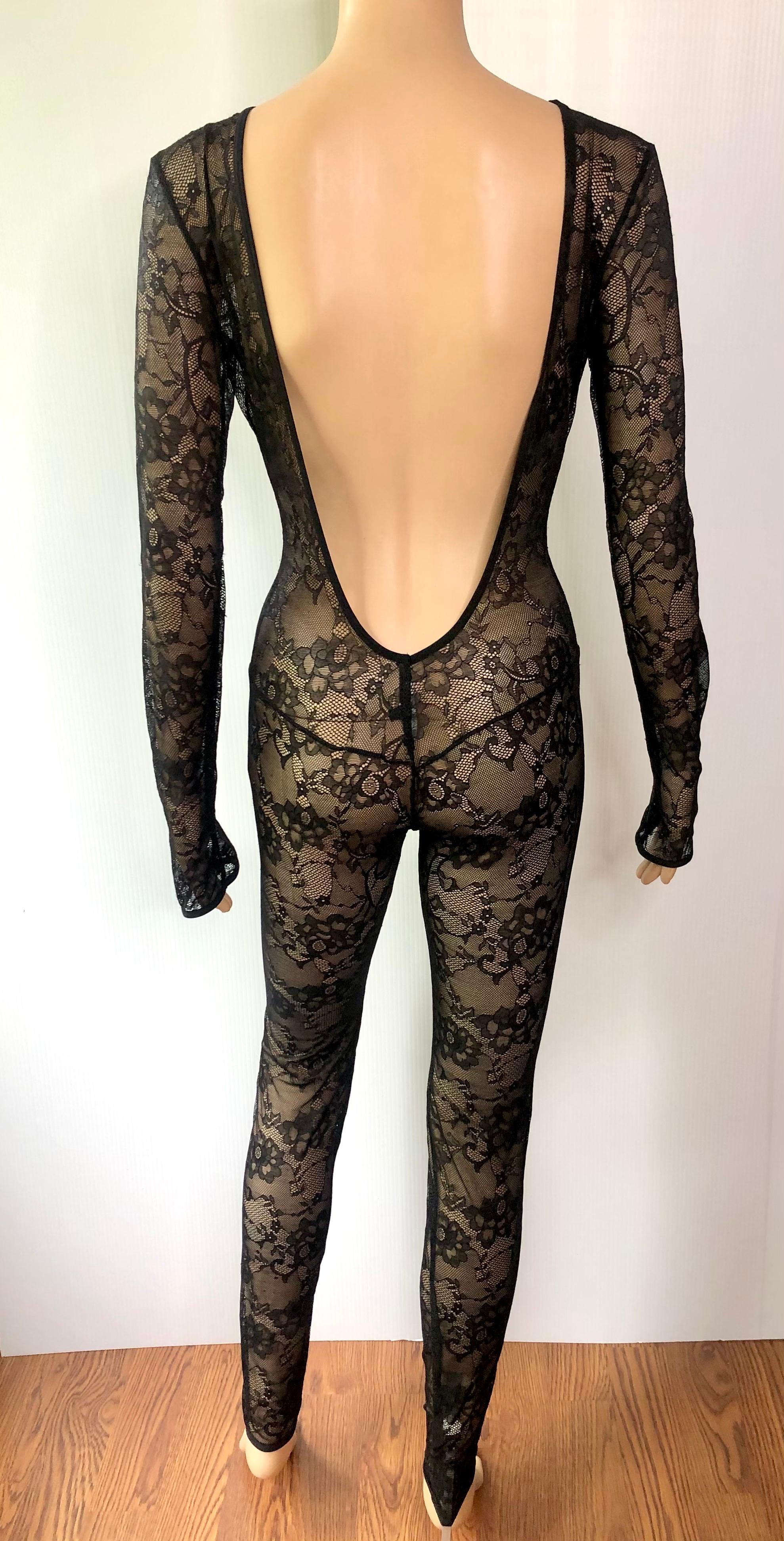 Gucci Plunging Neckline Open Back Sheer Lace Bodycon Black Playsuit Jumpsuit 1