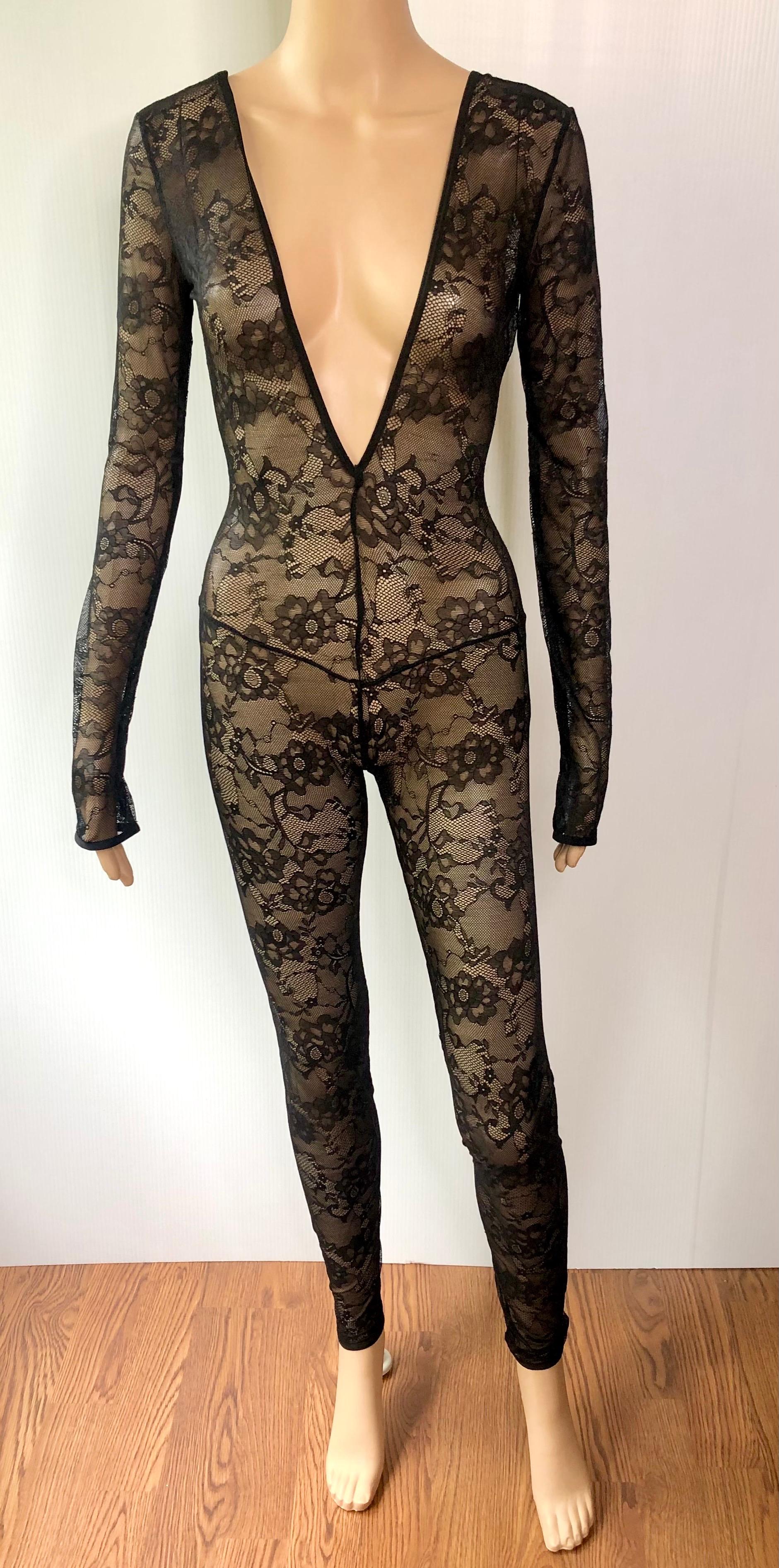 Gucci Plunging Neckline Open Back Sheer Lace Bodycon Black Playsuit Jumpsuit 2