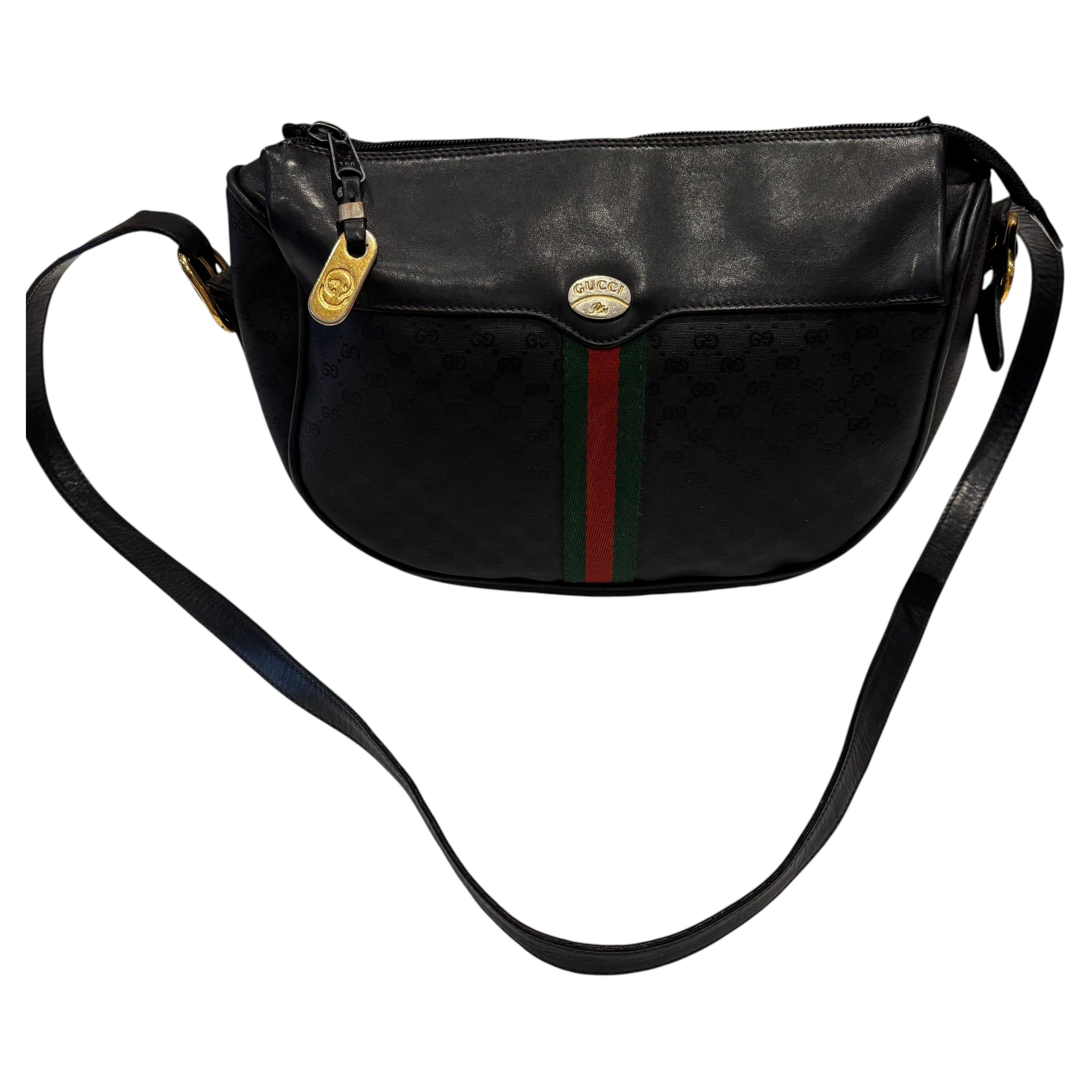 Gucci Vintage Plus Bag Circa Late 1970s Black Canvas Green Red Stripe a Story For Sale