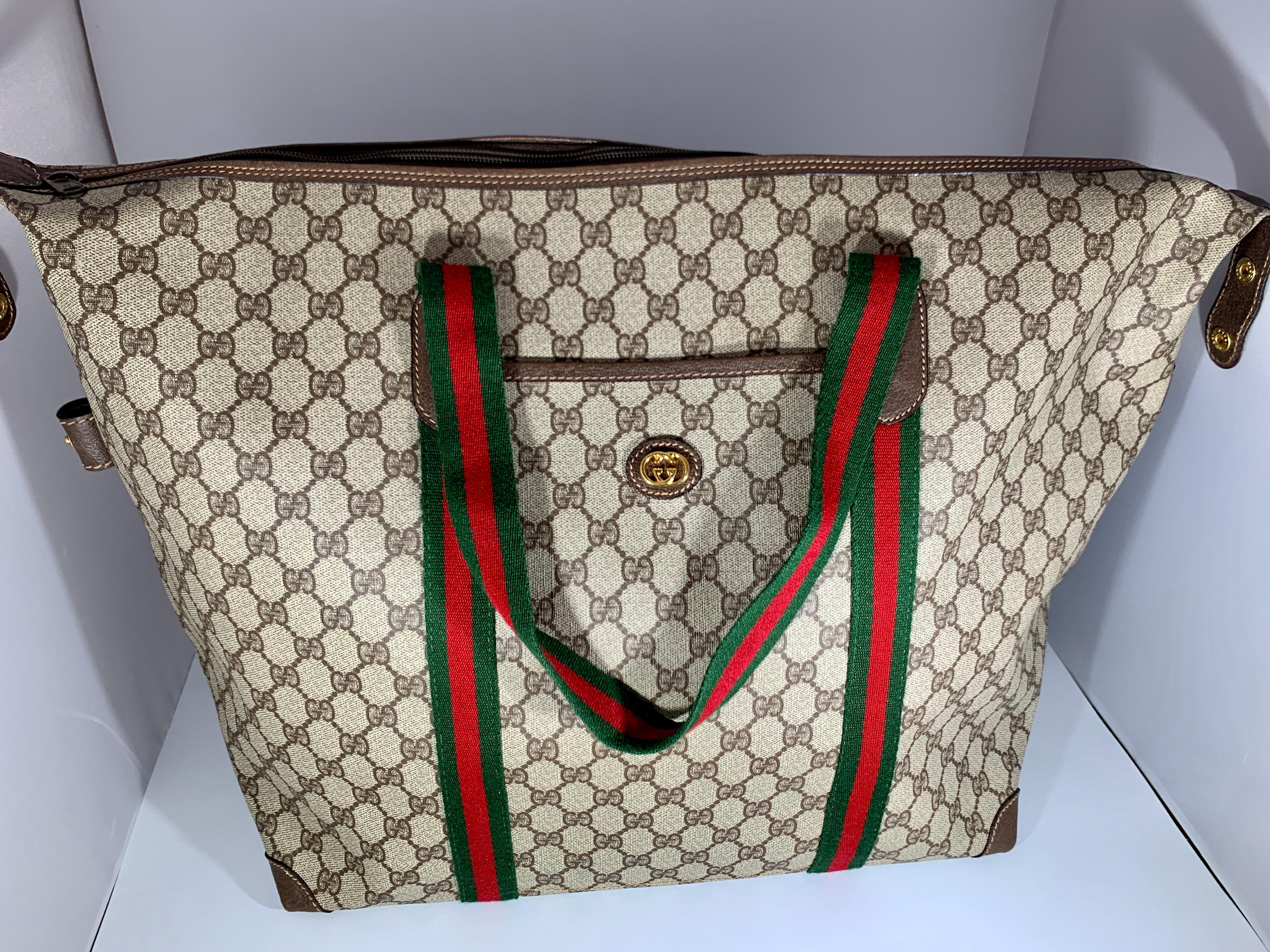 Gucci Plus Vintage Light Brown PVC Large Tote Shoulder Bag Striped Handles 2