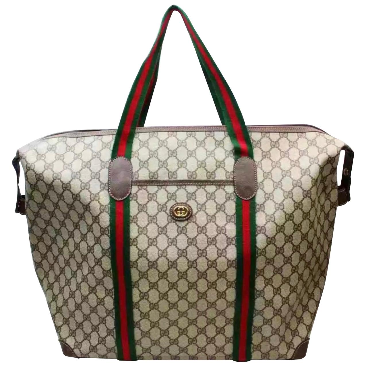 Gucci Plus Vintage Light Brown PVC Large Tote Shoulder Bag Striped Handles
