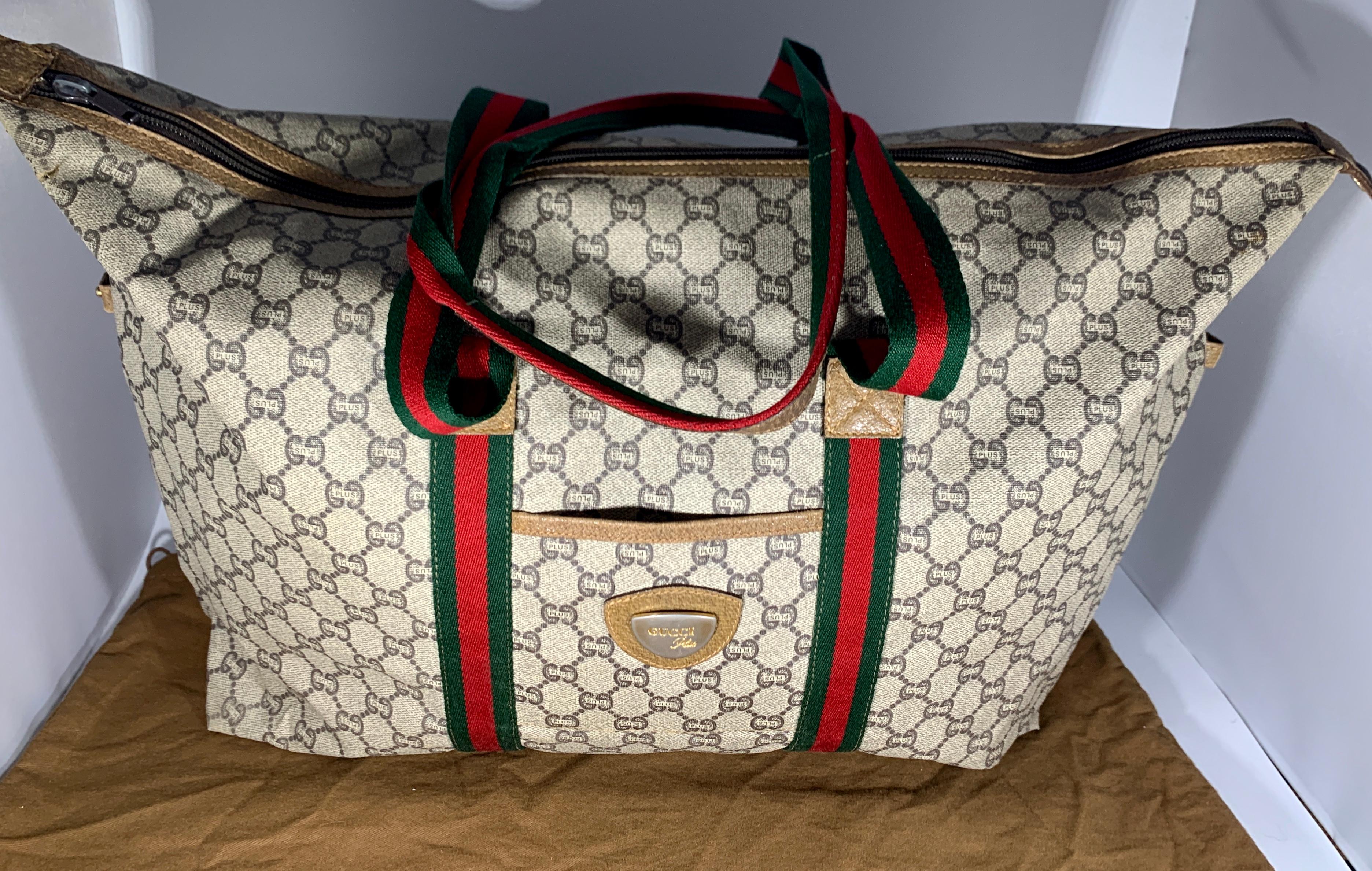 Gucci Plus Vintage Tan Monogram Canvas Large Tote Shoulder Bag Striped Handles 2
