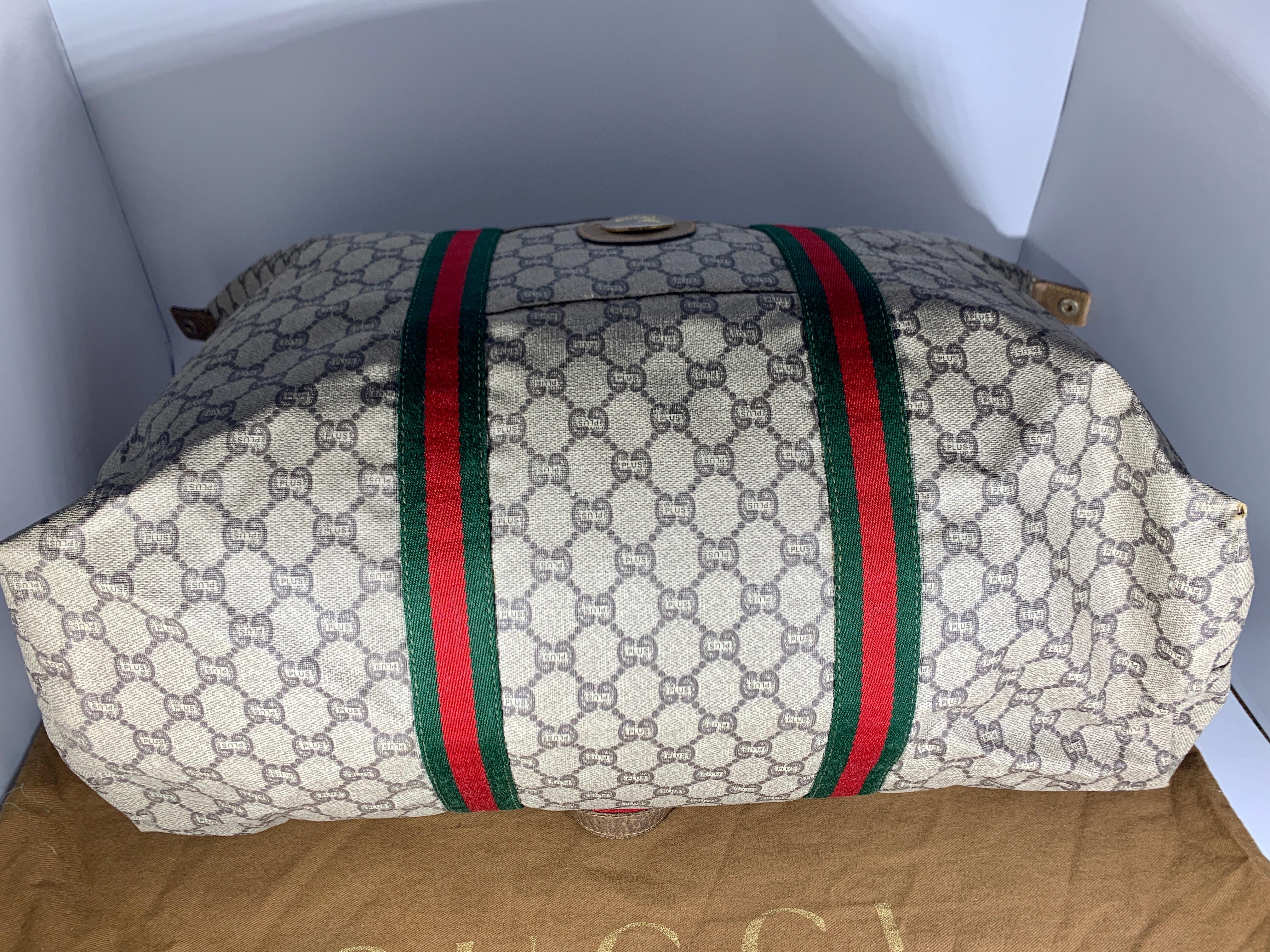 Gucci Plus Vintage Tan Monogram Canvas Large Tote Shoulder Bag Striped Handles 1