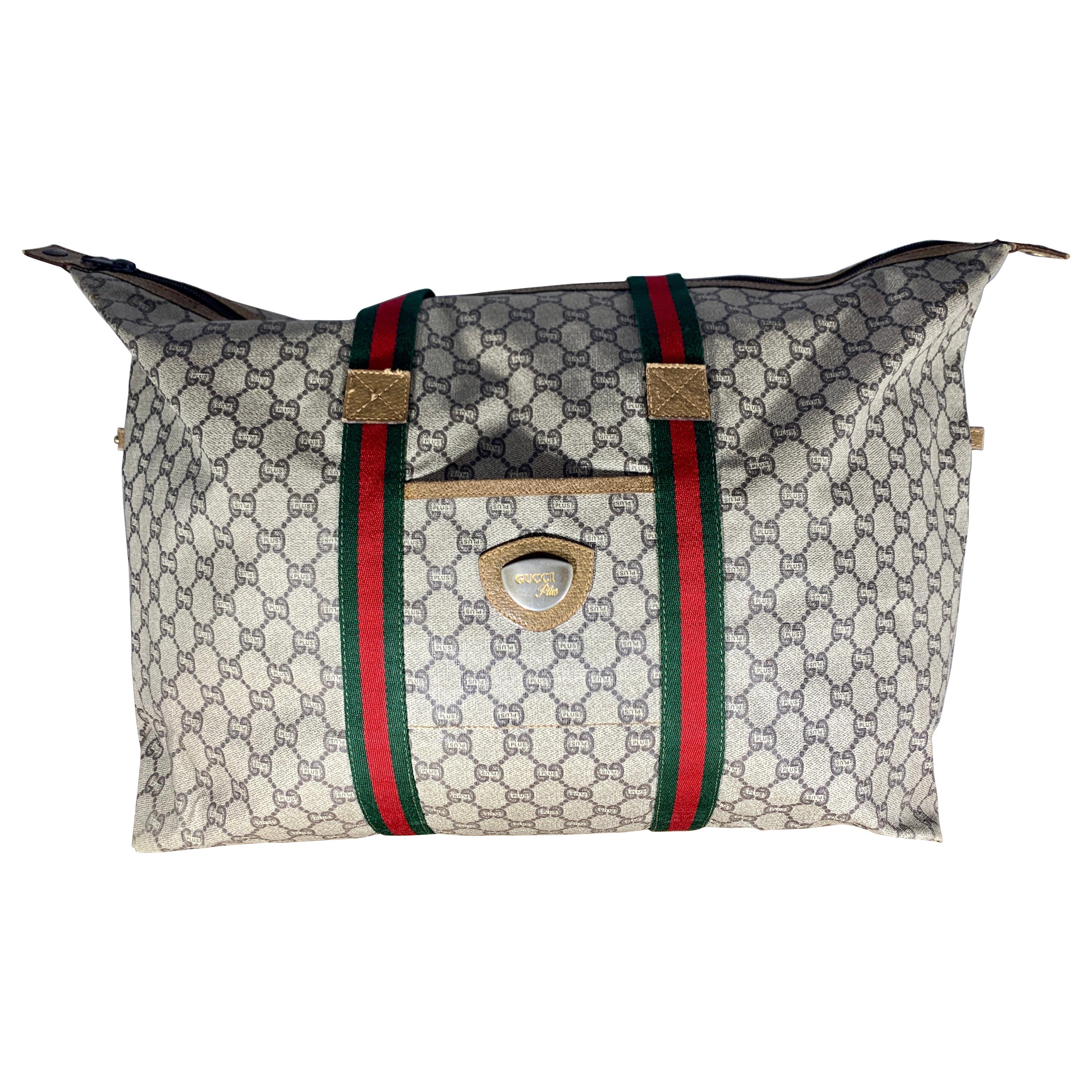 Gucci Plus Vintage Tan Monogram Canvas Large Tote Shoulder Bag Striped Handles