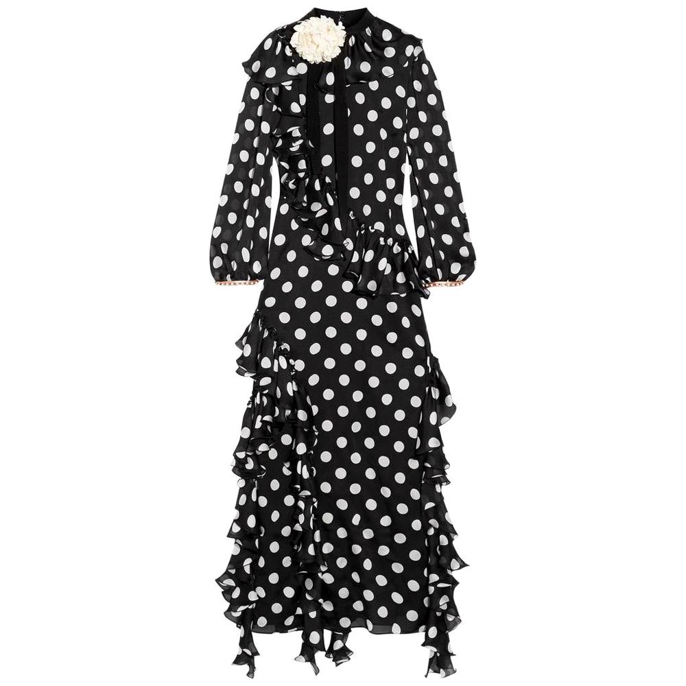 GUCCI Polka Dot Ruffle Silk Dress IT38 US 0-2 For Sale