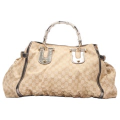 GUCCI Pop Bamboo white lacquered handle monogram canvas silver trim satchel bag