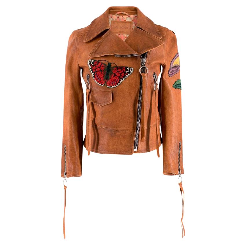 Gucci Poppy Embroidered Leather Biker Jacket  38 XS