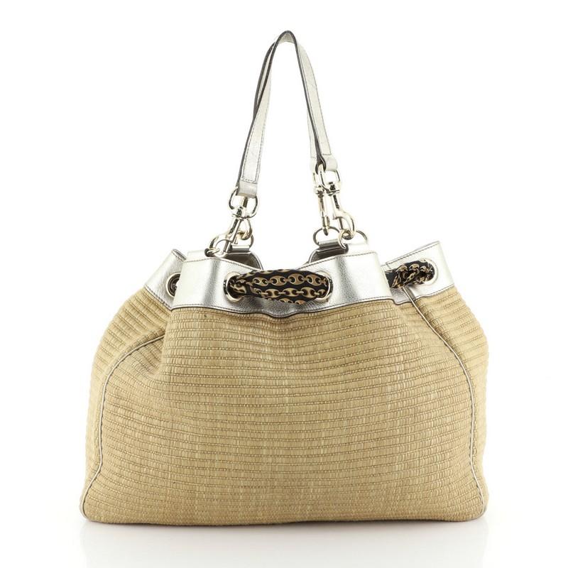 Beige Gucci Positano Tote Raffia with Leather Large