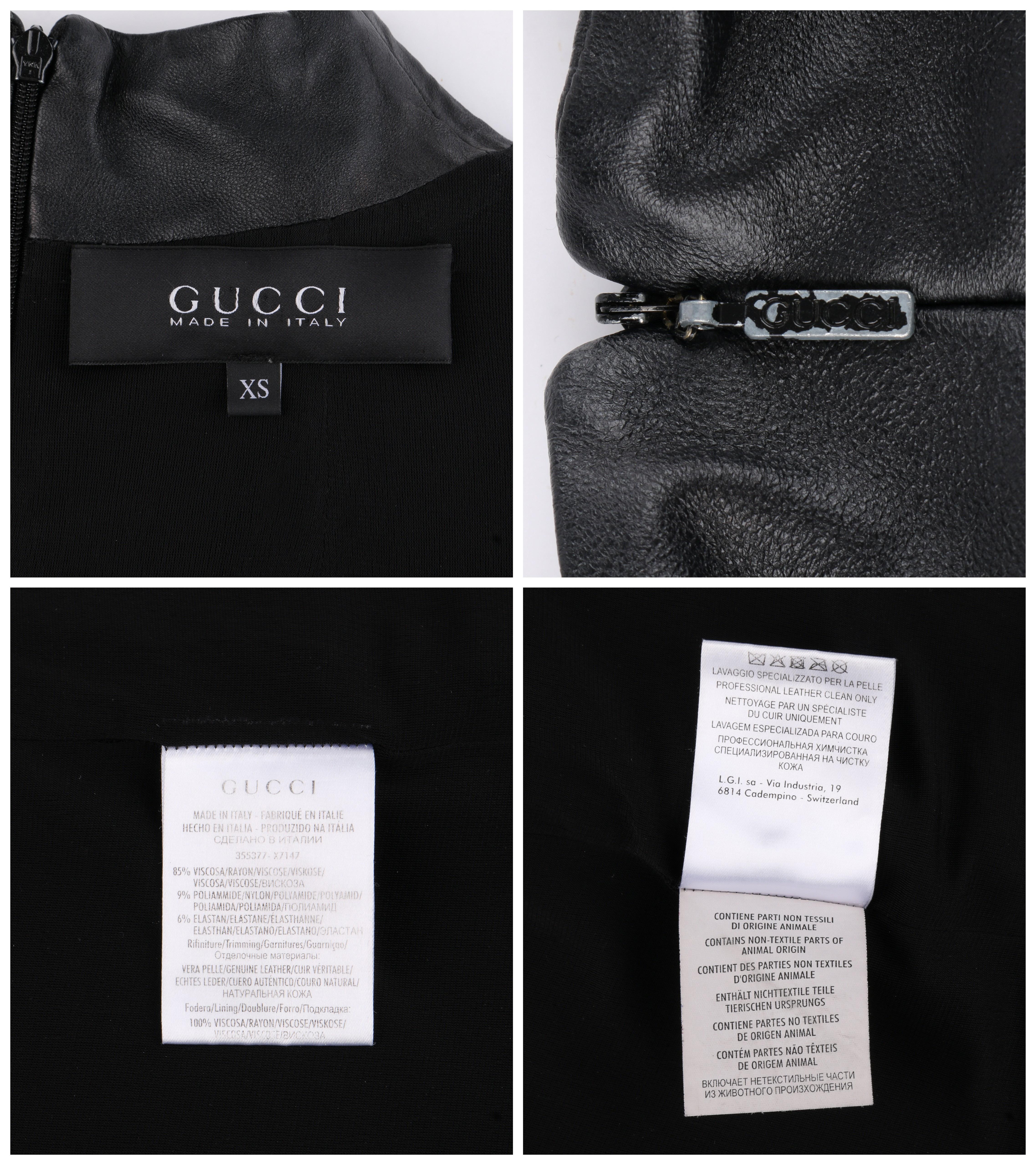 GUCCI Pre-Fall 2014 Black Leather Collar & Cuff Mock Neck Shift Mini Dress In Good Condition In Thiensville, WI
