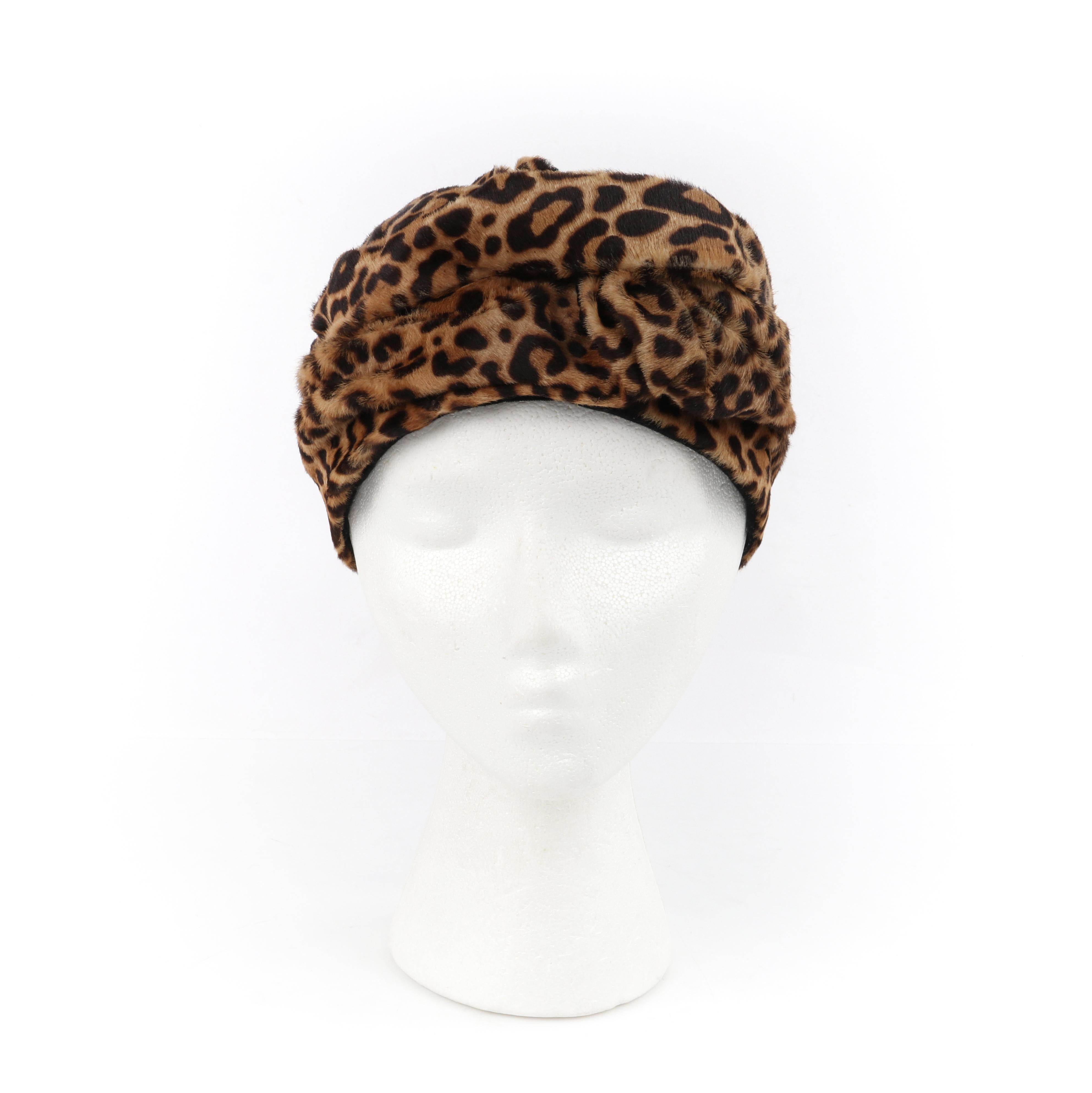 GUCCI Pre-Fall 2016 Black Brown Leopard Print Leather Twisted Turban Hat In Good Condition For Sale In Thiensville, WI