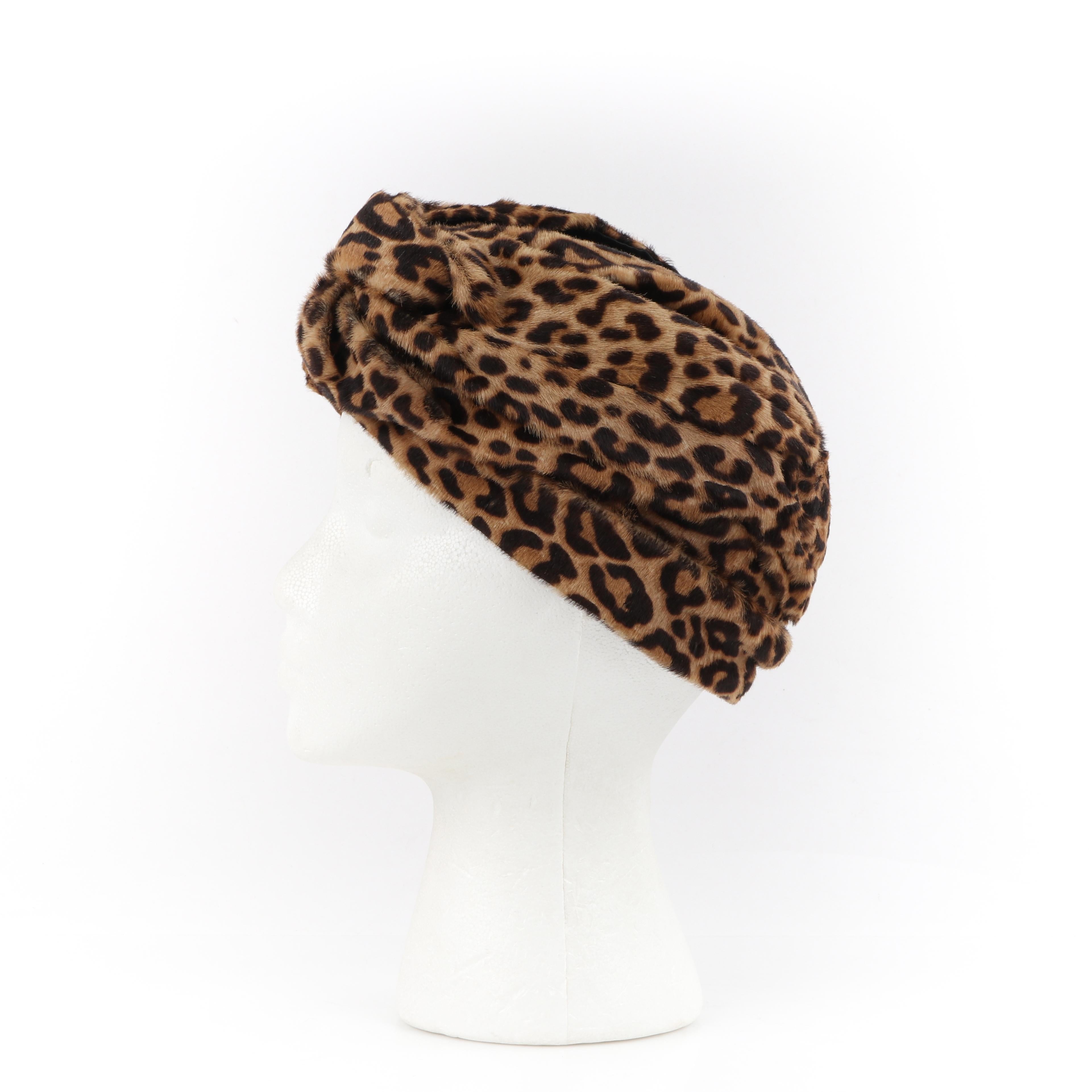 GUCCI Pre-Fall 2016 Black Brown Leopard Print Leather Twisted Turban Hat For Sale 3