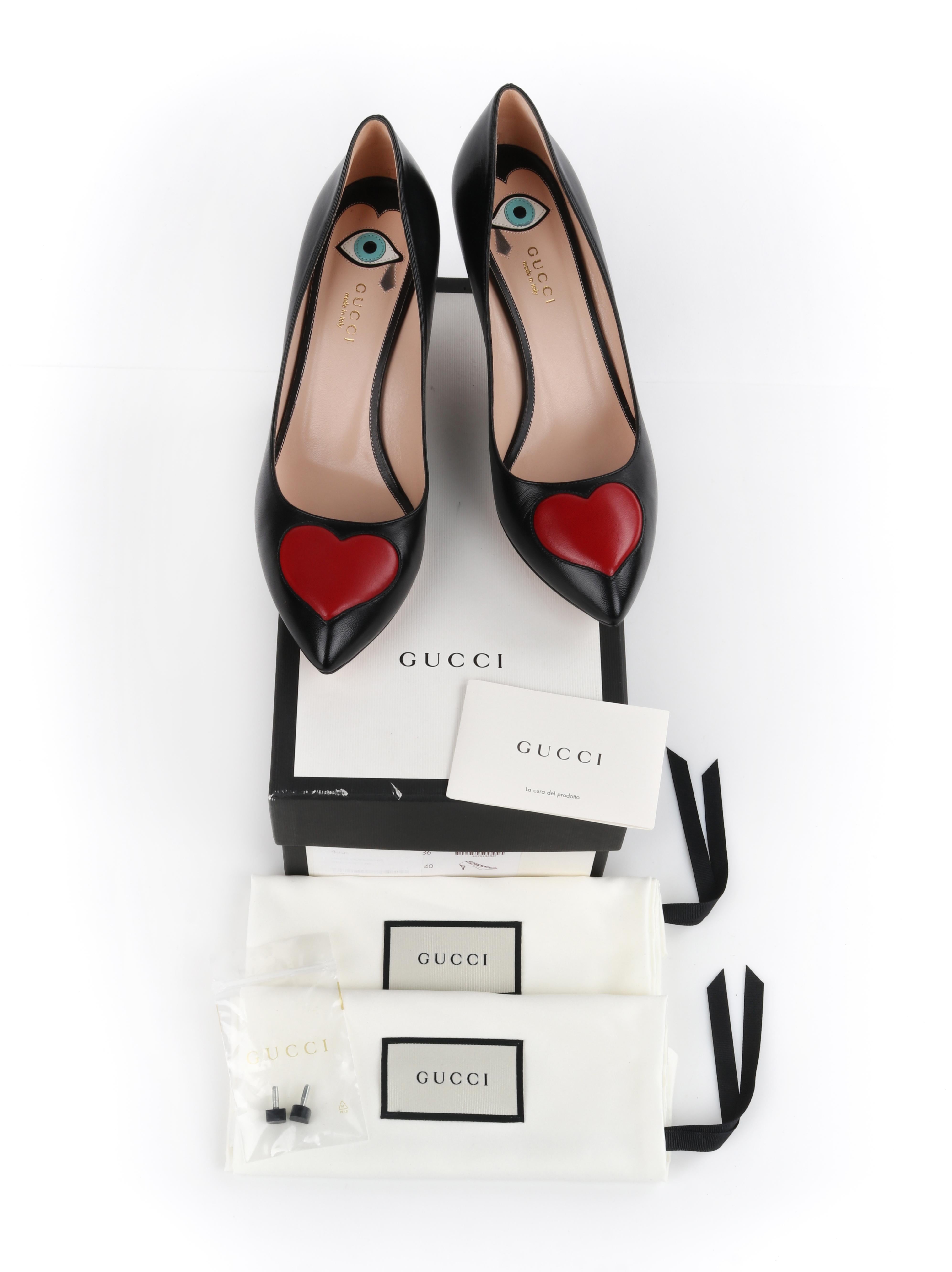 GUCCI Pre-Fall 2016 Black Red Leather Heart Pointed Toe Kitten Heel Pumps NIB
 
Brand / Manufacturer: Gucci
Collection: Pre-Fall 2016
Designer: Alessandro Michele
Style: Kitten heel pumps
Color(s): Exterior: black, red; Interior: black, tan, blue,