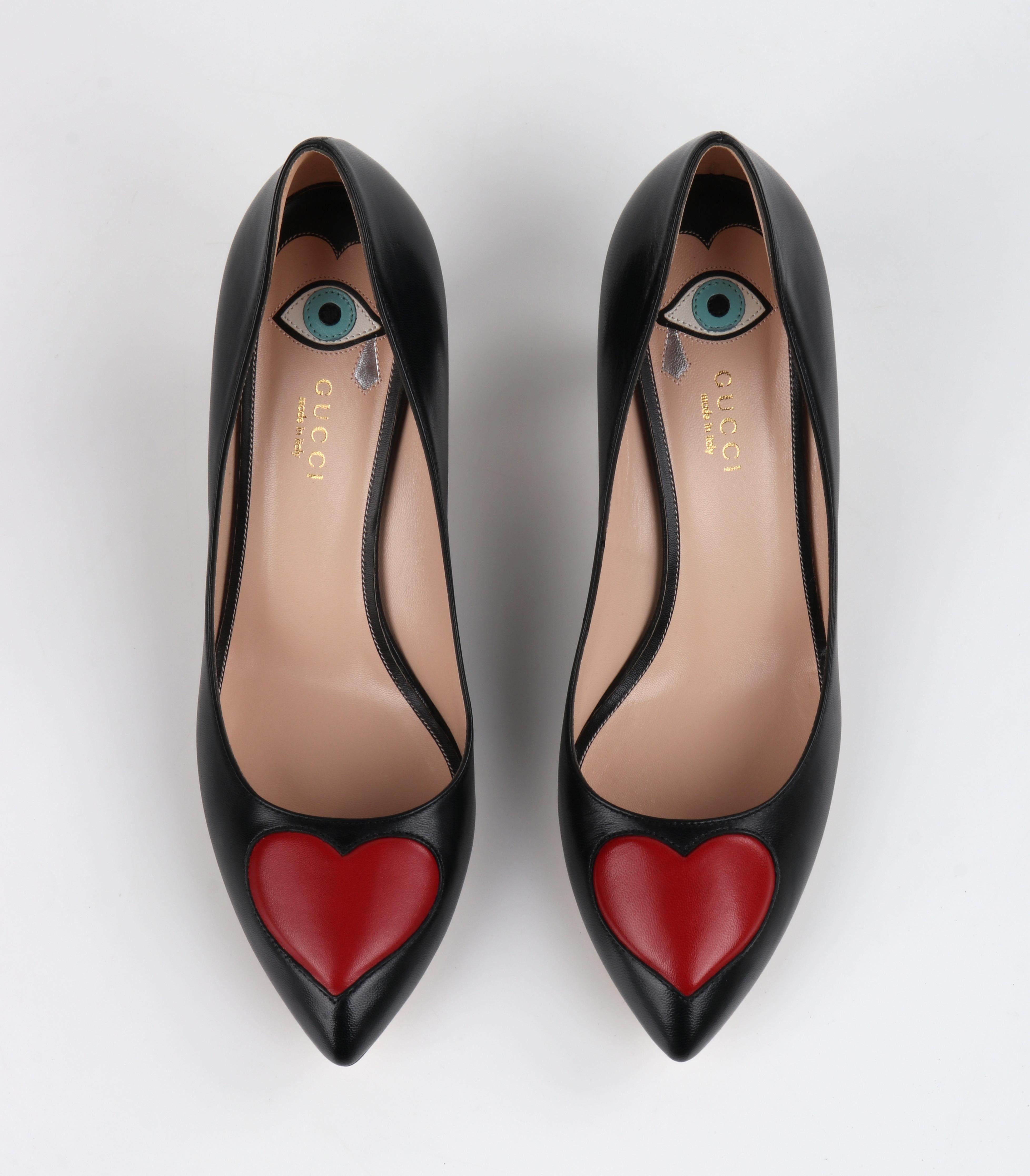 GUCCI Pre-Fall 2016 Black Red Leather Heart Pointed Toe Kitten Heel Pumps NIB 5