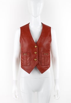 GUCCI Pre-Fall 2019 Brown Leather Gold Button Pocket Sleeveless Waistcoat Vest