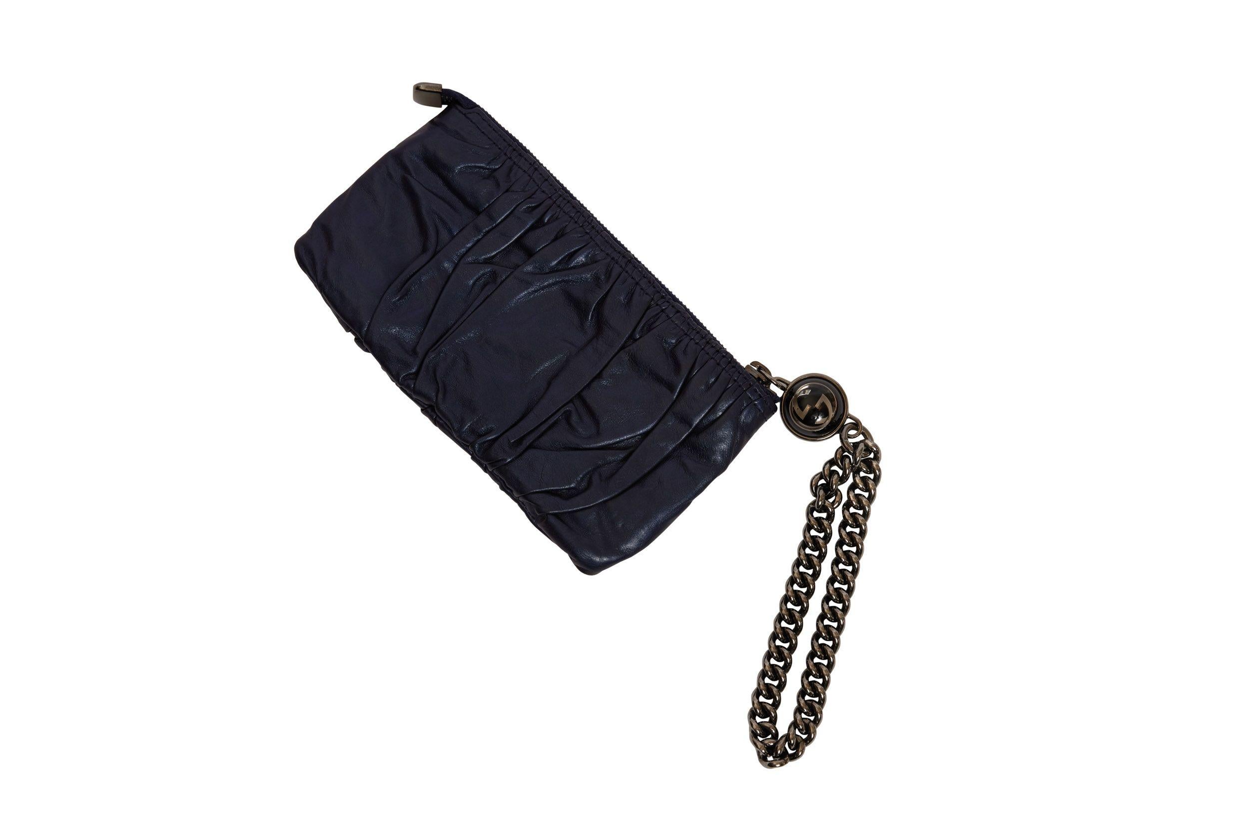 Black Gucci Preloved Blue Leather Wristlet For Sale