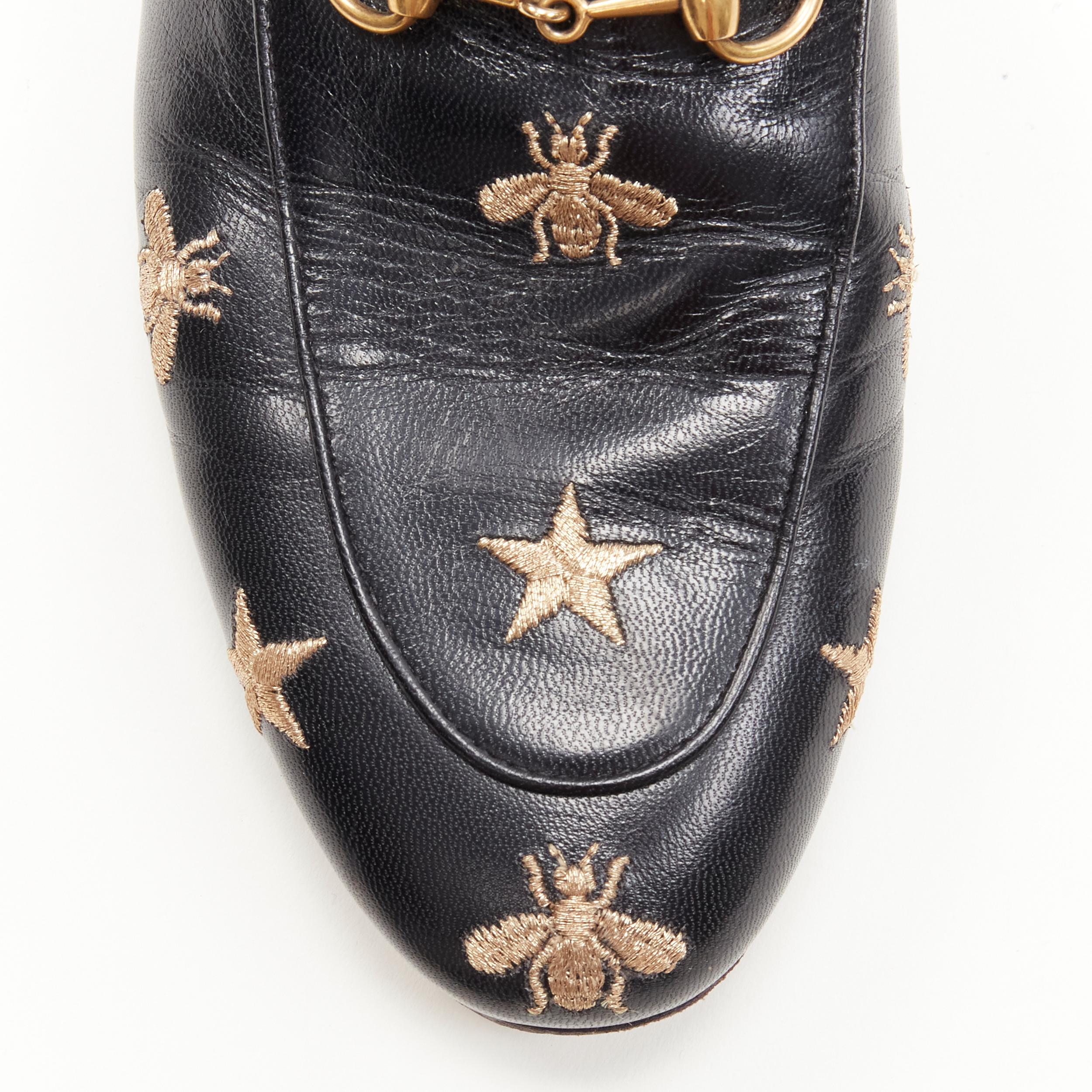 Black GUCCI Princetown Bees & Stars black gold horsebit loafer slippers EU37.5